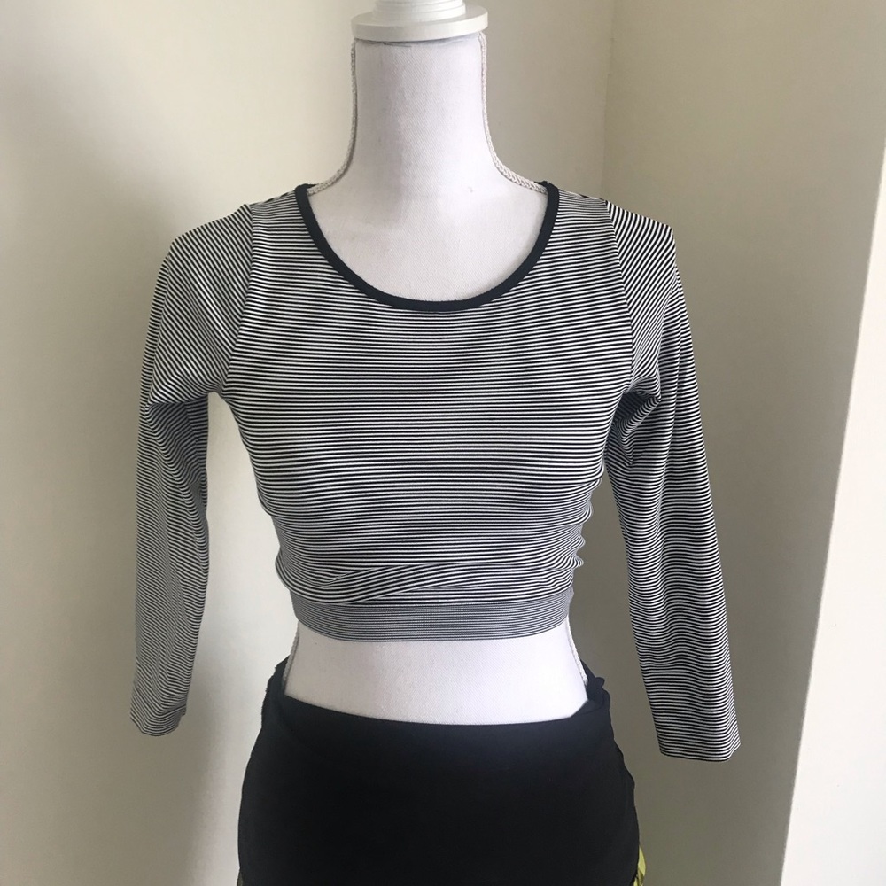 Strip crop top long sleeves banded bateau neckline